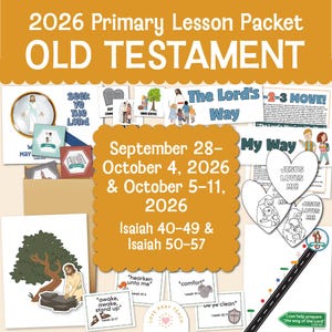 Puede incluir: Un paquete de lecciones de primaria 2026 para el Antiguo Testamento que incluye materiales educativos, hojas de actividades, páginas para colorear en forma de corazón con el texto Jesus Loves Me y tarjetas de Isaías 40-57.