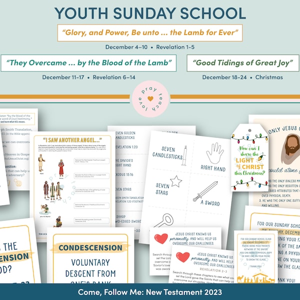 Youth Sunday School Come, Follow Me 2023 Printable Lesson Pack for Dec 4–10 Revelation 1–5 AND Dec 11–17 Revelation 6–14 And Christmas Ideas