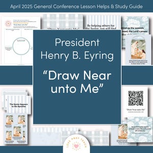 Op de afbeelding: Een studiehandleiding voor de Algemene Conferentie van april 2025, met de boodschap van president Henry B. Eyring, "Kom dichter bij Mij". Het ontwerp bevat verschillende leshulpmiddelen, illustraties en de tekst "Love Pray Teach".