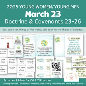 Puede incluir: Una hoja de trabajo imprimible colorida con actividades e ideas para las lecciones de las Mujeres Jóvenes y los Hombres Jóvenes basadas en Doctrina y Convenios 23-26. La hoja de trabajo incluye la cita "Dejen a un lado las cosas de este mundo y busquen las cosas de un mundo mejor." y un código QR.
