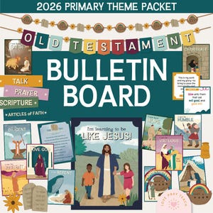 Peut inclure: Un kit de tableau d'affichage avec le texte "2026 PRIMARY THEME PACKET" et "OLD TESTAMENT BULLETIN BOARD." Le kit comprend des cartes illustrées avec des thèmes tels que "FAITH," "PRAYER" et "LIKE JESUS!" Des éléments décoratifs incluent des bannières et des motifs floraux.