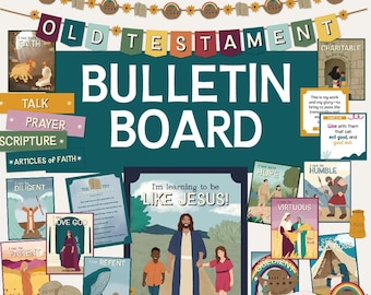 May include: A bulletin board kit with the text "2026 PRIMARY THEME PACKET" and "OLD TESTAMENT BULLETIN BOARD." The kit includes illustrated cards with themes like "FAITH," "PRAYER," and "LIKE JESUS!" Decorative elements include banners and floral accents.