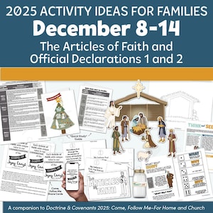 Puede incluir: Ideas de actividades familiares para el 8-14 de diciembre, con los Artículos de Fe y las Declaraciones Oficiales 1 y 2. Incluye imprimibles, un belén y un tarro con la etiqueta "Honesty Jar".