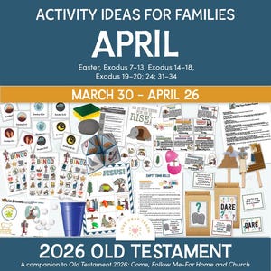 Puede incluir: Una imagen colorida con el texto "Ideas de actividades para familias" y "Abril". La imagen incluye varias hojas de actividades, una taza azul y el texto "2026 Antiguo Testamento". La imagen también incluye el texto "30 de marzo - 26 de abril".