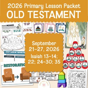 Peut inclure: Un kit de leçons pour l'Ancien Testament 2026 comprenant du matériel éducatif pour la semaine du 21 au 27 septembre 2026, couvrant Ésaïe 13-14, 22, 24-30 et 35. L'ensemble inclut des fiches, des cartes illustrées, un jeu de gobelets et des activités.