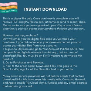 May include: A teal digital download information sheet with the words "INSTANT DOWNLOAD" in large white letters. The sheet provides instructions on how to access digital files after purchase, including steps for Etsy users.