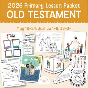 Könnte beinhalten: Eine Sammlung von Lehrmaterialien für das Alte Testament, darunter ein Puzzle, Bingokarten und Arbeitsblätter. Die Materialien enthalten Illustrationen und Text, mit dem Titel "2026 Primary Lesson Packet OLD TESTAMENT". Das Thema ist Religionsunterricht.