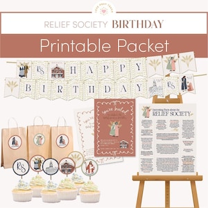 Peut inclure: Ensemble de fête imprimable pour un anniversaire de la Société de Secours. Le pack comprend une bannière, des décorations pour cupcakes, des sacs cadeaux, une invitation et une affiche avec des informations intéressantes sur la Société de Secours.