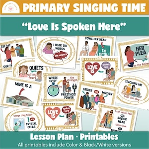 以下が含まれることがあります： 「Love Is Spoken Here」をテーマにしたレッスン計画の印刷物一式。印刷物には、家族、心、インスピレーションを与える引用などのイラストとテキストが掲載されています。テキストには「Lesson Plan - Printables」と「All printables include Color & Black/White versions」が含まれています。