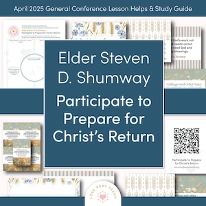 Könnte beinhalten: Ein Studienführer für die Generalkonferenz im April 2025. Der Titel lautet "Teilnehmen, um sich auf die Wiederkunft Christi vorzubereiten" von Elder Steven D. Shumway. Das Design umfasst Blumen- und Weizenmuster, einen QR-Code und die Website churchofjesuschrist.org.