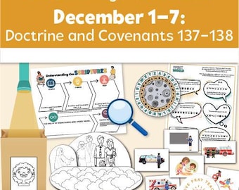 Puede incluir: Colección de materiales educativos para el paquete de lecciones primarias de 2025, con el texto "2025 Primary Lesson Packet December 1-7: Doctrine and Covenants 137-138." La imagen incluye ilustraciones, una lupa y el texto "Understanding the SCRIPTURES."