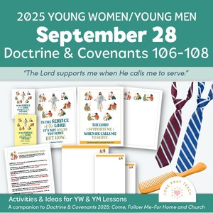 Puede incluir: Imagen con texto que dice "2025 Mujeres Jóvenes/Hombres Jóvenes 28 de Septiembre Doctrina y Convenios 106-108". La imagen incluye ilustraciones, papelería y dos corbatas, una a rayas burdeos y blancas, la otra a rayas azules y blancas. También hay un peine de madera.