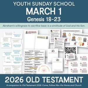 以下が含まれることがあります： 3月1日のための日曜学校教材のコレクションで、テーマは創世記18-23です。教材にはワークシート、マッチングゲーム、QRコードが含まれています。「Youth Sunday School」、「2026 Old Testament」、「Love Pray Teach」というテキストが含まれています。