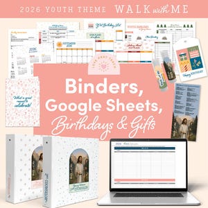 May include: A collection of stationery and digital products with a pink and white theme. Includes binders, calendars, Google Sheets, and gift tags. The text reads "Binders, Google Sheets, Birthdays & Gifts."