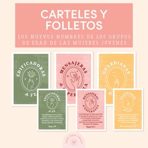 May include: A collection of colorful posters with text in Spanish. The posters feature illustrations of hands, flowers, and stars, with text that reads "Edificadoras de Fe", "Mensajeras de Esperanza", and "Guardianas de Luz". The top banner reads "Carteles y Folletos".