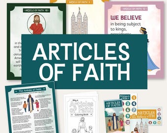 Könnte beinhalten: Eine Sammlung von Lehrmaterialien mit dem Text "ARTICLES OF FAITH" prominent dargestellt. Das Paket enthält verschiedene Karten und ein Malbuch mit Illustrationen und Texten zu religiösen Lehren. Das Thema ist "2026 PRIMARY THEME PACKET".