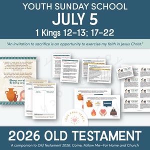 Pode incluir: Uma coleção de materiais educativos impressos para a escola dominical juvenil, com o texto YOUTH SUNDAY SCHOOL JULY 5 1 Kings 12-13; 17-22 e 2026 OLD TESTAMENT. Os documentos incluem planos de aula, fichas de trabalho e cartões religiosos.