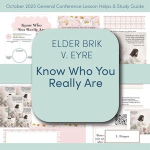 Könnte beinhalten: Ein Studienführer für die Generalkonferenz im Oktober 2025. Der Titel "Know Who You Really Are" ist in großem, blauem Text dargestellt. Der Führer enthält Bilder von Jesus, florale Akzente und den Text "Elder Brik V. Eyre."