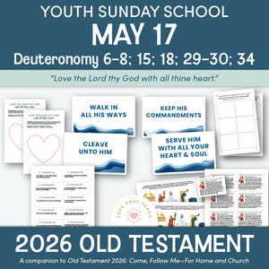 以下が含まれることがあります： 「Youth Sunday School MAY 17 申命記 6-8; 15; 18; 29-30; 34」のテキストが書かれた、ユースサンデー学校の教育資料のコレクション。 「すべての道を歩む」や「彼の戒めを守る」などのフレーズが書かれたカードが含まれています。
