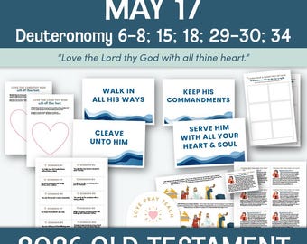 May include: A collection of educational materials for Youth Sunday School, featuring the text "Youth Sunday School MAY 17 Deuteronomy 6-8; 15; 18; 29-30; 34". Includes cards with phrases like "Walk in all his ways" and "Keep his commandments".