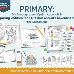 Könnte beinhalten: Ein farbenfrohes, druckbares Aktivitätspaket für Grundschulkinder zum Thema Abendmahl. Das Paket enthält Malvorlagen, ein „Was ist in der Tüte?“-Spiel, eine Chat-Aktivität und eine Belohnungsaktivität. Der Text auf der Seite lautet: „Primar: 5. Sonntag, Unterrichtsoption, Anhang B: Kinder auf ein Leben auf Gottes Bundesweg vorbereiten „Das Abendmahl""