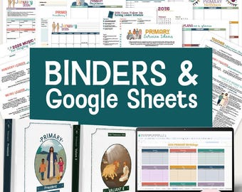 May include: A collection of binders and Google Sheets for the 2026 Primary theme. The image shows binders with illustrations and text, along with a laptop displaying a spreadsheet. Various printed sheets with calendars and lesson plans are also visible.