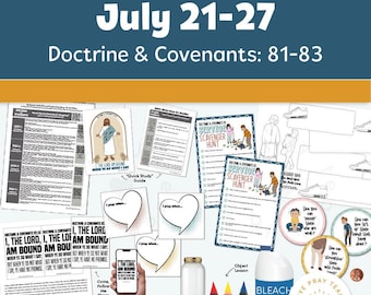 May include: A collection of family activity ideas for July 21-27, 2025, focusing on Doctrine & Covenants 81-83. Includes printables, a scavenger hunt, and object lessons. Features the text "2025 ACTIVITY IDEAS FOR FAMILIES" and "July 21-27".
