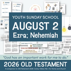 May include: A collection of printed educational materials for Youth Sunday School featuring the text Youth Sunday School August 2 Ezra; Nehemiah and 2026 Old Testament. The documents include lesson outlines, activity cards, and illustrations.