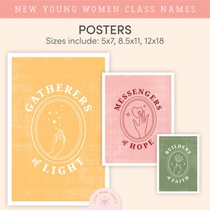 May include: A collection of posters with inspirational text and graphics. The posters are in various sizes, including 5x7, 8.5x11, and 12x18 inches. The posters feature phrases like "Gatherers of Light," "Messengers of Hope," and "Builders of Faith."