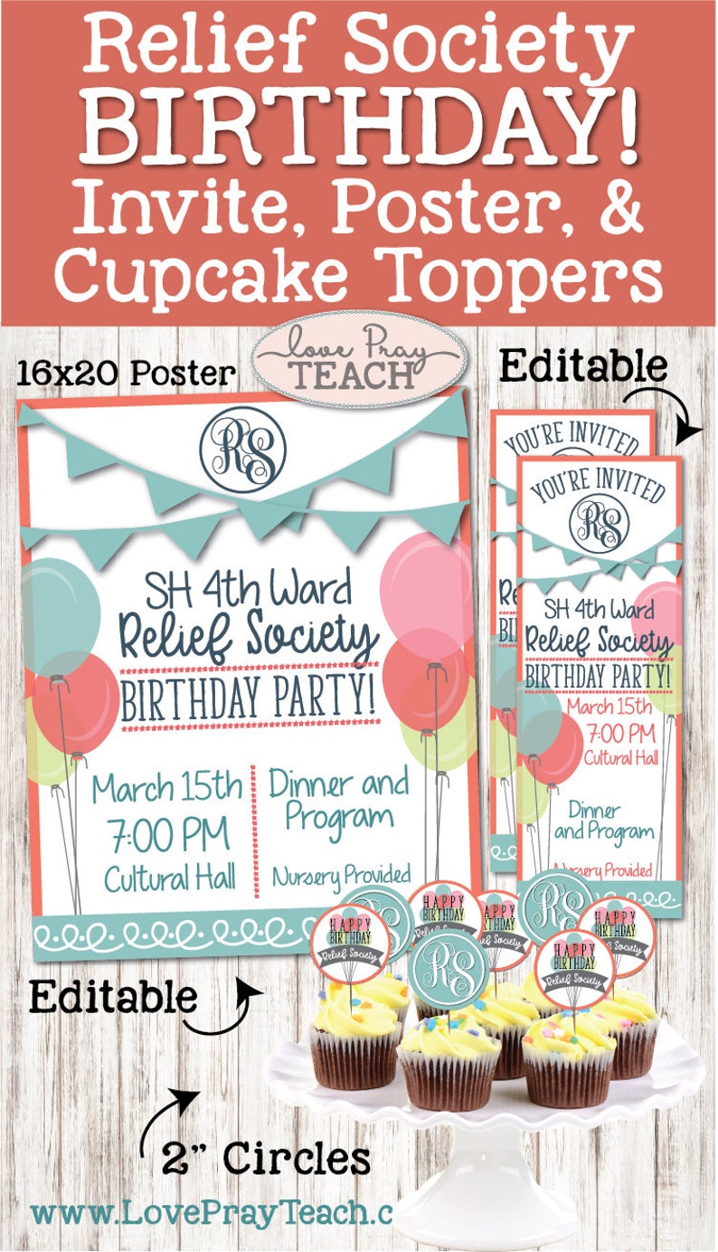 LDS Relief Society Birthday Editable Invitations Poster LDS Relief Society Birthday Editable Invitations Poster