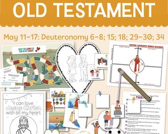 May include: A set of printable resources for a 2026 Primary Lesson Packet on the Old Testament. Features colouring pages, game boards, and worksheets. The text includes "2026 Primary Lesson Packet OLD TESTAMENT" and "May 11-17: Deuteronomy 6-8; 15; 18; 29-30; 34".