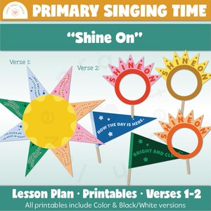Puede incluir: Un plan de lección imprimible para enseñar la canción "Shine On" con ilustraciones coloridas y letras para los versos 1 y 2. El plan de lección incluye versiones en color y blanco y negro.