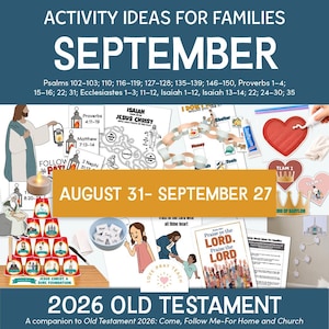 Könnte beinhalten: Eine Sammlung von pädagogischen Arbeitsblättern und Bastelarbeiten für Familien mit dem Titel Activity Ideas for Families September 2026 Old Testament. Das Set enthält Papierauschnitte, eine Papierkette, eine Becherpyramide und Textpassagen.