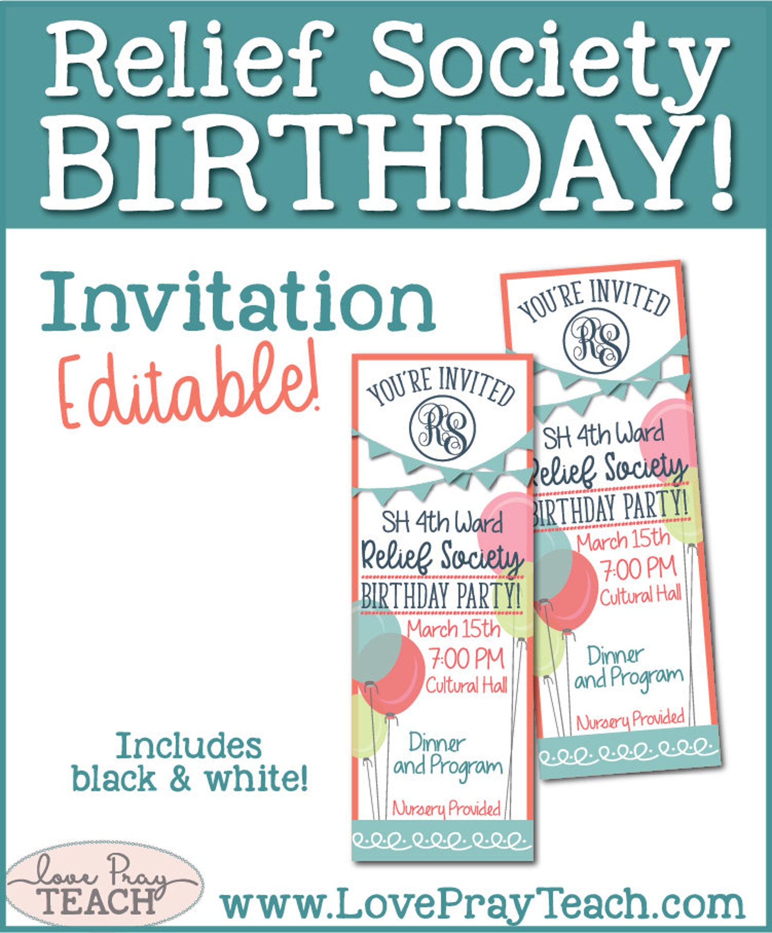 LDS Relief Society Birthday Editable Invitations Poster and Etsy