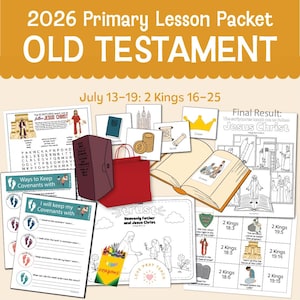 以下が含まれることがあります： 2026年旧約聖書のプライマリーレッスンパケット、7月13日〜19日、列王記下16〜25章。教育用アクティビティシート、赤い紙袋、茶色の本のイラスト、クレヨンの箱、イエス・キリストの塗り絵が含まれています。