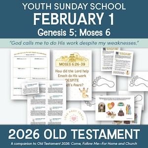 以下が含まれることがあります： 「FEBRUARY 1」と「2026 OLD TESTAMENT」のテキストが特徴の、ユースサンデー学校向けの教育資料のコレクション。ワークシート、イラスト、そして「神は私の弱さにもかかわらず、私に彼の仕事をさせる」という引用が含まれています。
