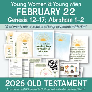 Pode incluir: Uma coleção de materiais impressos com os textos "Young Women & Young Men FEBRUARY 22" e "2026 OLD TESTAMENT". Os materiais incluem cartões com desenhos de raios de sol e texto, e um código QR. O tema é religioso.