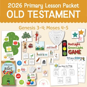 Op de afbeelding: Een kleurrijk educatief pakket met de tekst "2026 Primary Lesson Packet OLD TESTAMENT". Bevat illustraties van appels, een kauwgomballenautomaat en een stoplichtspel. Het pakket is ontworpen voor godsdienstonderwijs.