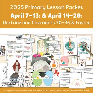 Op de afbeelding: Een kleurrijke set met printbare activiteitenbladen voor kleuters, met afbeeldingen van Jezus Christus, paaseieren en de woorden "De beloften van de Heer". De bladen zijn ontworpen om kinderen te helpen leren over de Leer en Verbonden en het verhaal van Pasen.