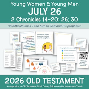 Op de afbeelding: Een verzameling gedrukte studiematerialen voor jonge vrouwen en mannen gedateerd 26 juli, met 2 Kronieken 14-20, 26, 30. De pagina's bevatten tekst, illustraties van mensen en objecten, een QR-code en de titel 2026 Old Testament.