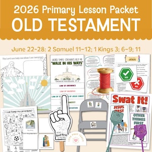 May include: A 2026 Primary Lesson Packet for the Old Testament featuring educational activity sheets, a red thread spool, a foam finger, a gray chair icon, and two fly swatters. The materials include text, illustrations, and games.