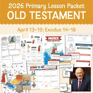May include: A collection of colorful lesson packets for the year 2026, focusing on the Old Testament and the Exodus 14-18. The packets include illustrations of Moses parting the Red Sea and other biblical scenes. The text includes "Jesus is my..." and "Love Pray Teach".