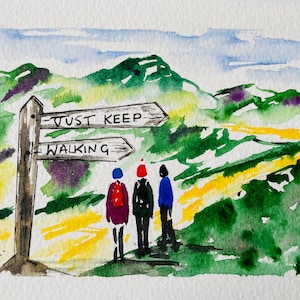 Kaart voor wandelaars, aquarel, wandelaars, wandelaars, wandelen, blanco, wenskaart, ik denk aan je, herinneringen, verjaardag