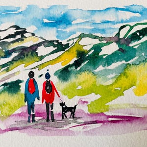 Kaart voor wandelaars, aquarel, wandelaars, wandelaars, wandelen, blanco, wenskaart, ik denk aan je, herinneringen, verjaardag