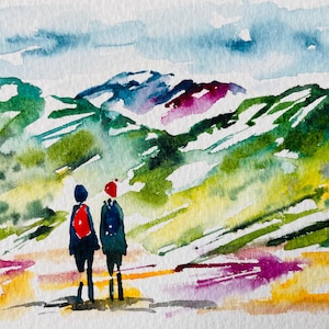Kaart voor wandelaars, aquarel, wandelaars, wandelaars, wandelen, blanco, wenskaart, ik denk aan je, herinneringen, verjaardag