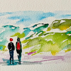 Kaart voor wandelaars, aquarel, wandelaars, wandelaars, wandelen, blanco, wenskaart, ik denk aan je, herinneringen, verjaardag