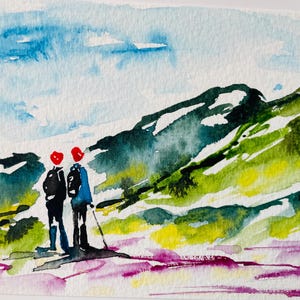Kaart voor wandelaars, aquarel, wandelaars, wandelaars, wandelen, blanco, wenskaart, ik denk aan je, herinneringen, verjaardag