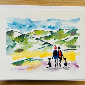 Kaart voor wandelaars, aquarel, wandelaars, wandelaars, wandelen, blanco, wenskaart, ik denk aan je, herinneringen, verjaardag