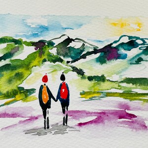 Cartão para caminhantes, Aquarela, Caminhantes, Caminhantes, Caminhada, Em branco, Cartão de felicitações, Pensando em você, Memórias, Aniversário
