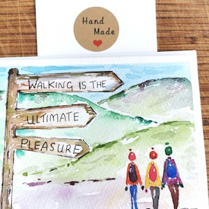 Wandelaars handbeschilderde kunstkaart voor wandelaars, aquarel, wandelaars, wandelaars, wandelen, blanco, wenskaart, denken aan je, herinneringen, verjaardag